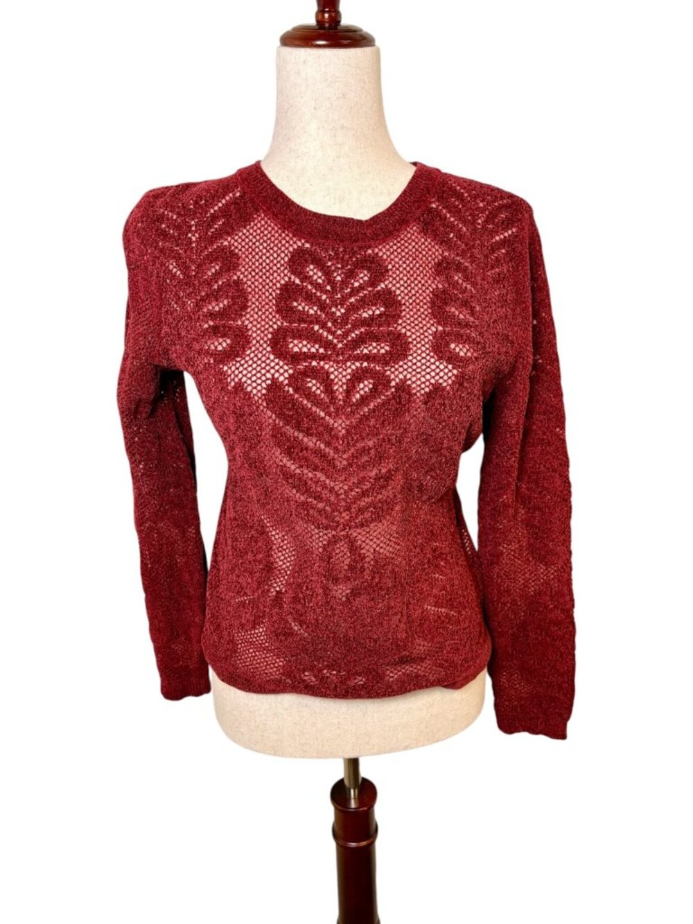 Burgundy Red Open Knit Sweater Sheer Boho Festival Large